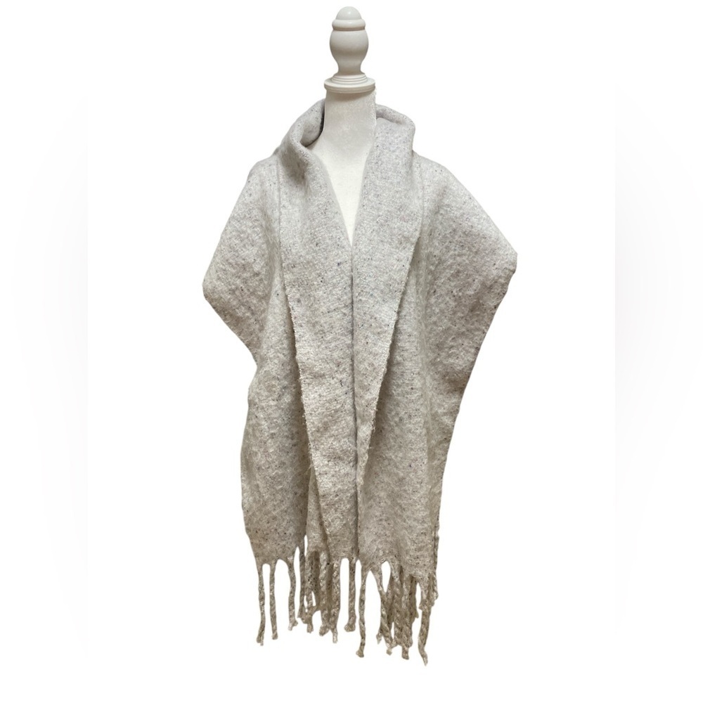 Gray Speckled Fuzzy Scarf Wrap With Fringe.